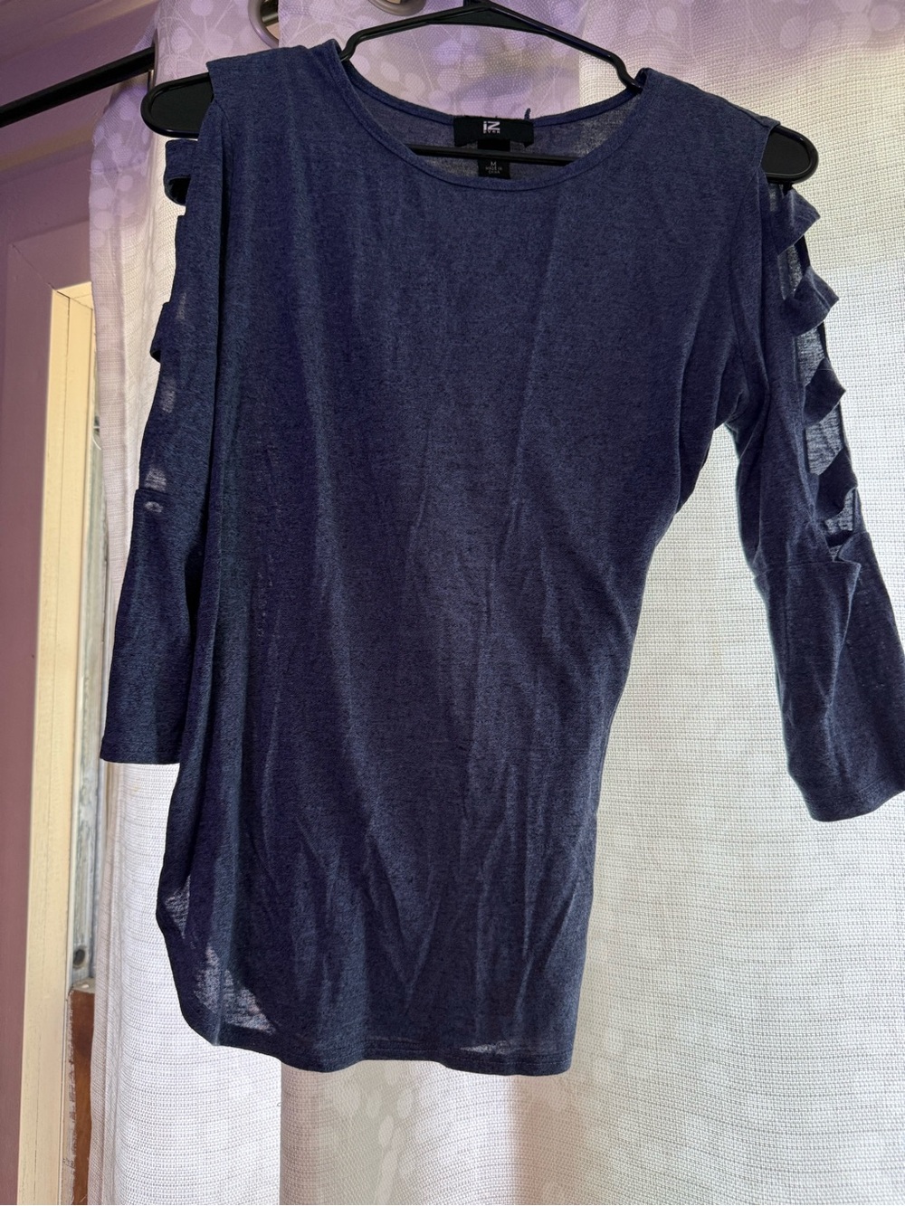 Iz Byer Navy Cold-Shoulder Long Sleeve Top with Ladder Cutouts